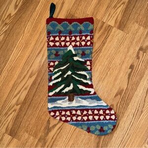 Hooked Christmas Holiday Stocking Green Velvet backing Cotton Wool blend